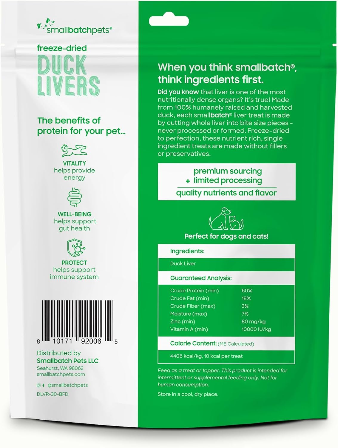 smallbatch Freeze Dried Duck Livers, High Protein Dog & Cat Treats, 3oz