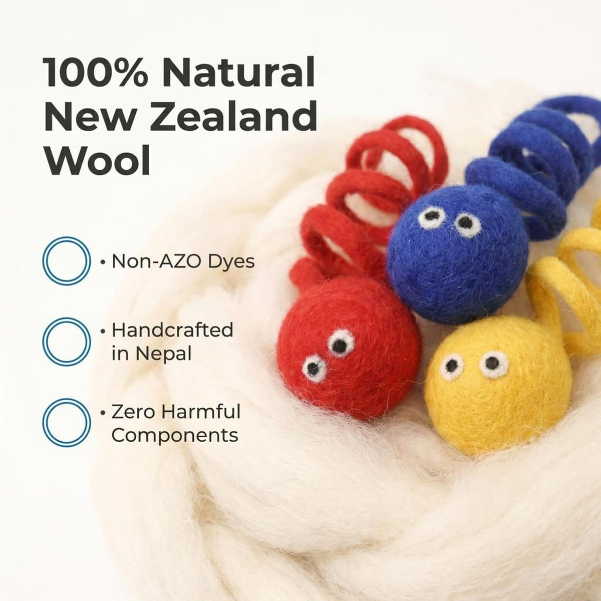 Glaciart One Wool Felt Spring Cat Toys, 3 Pack Handmade Stretchy Coil Springs for Indoor Cats & Kittens, Interactive Fuzzy Cat Toy, AZO-Free Dyes, 4 Inch