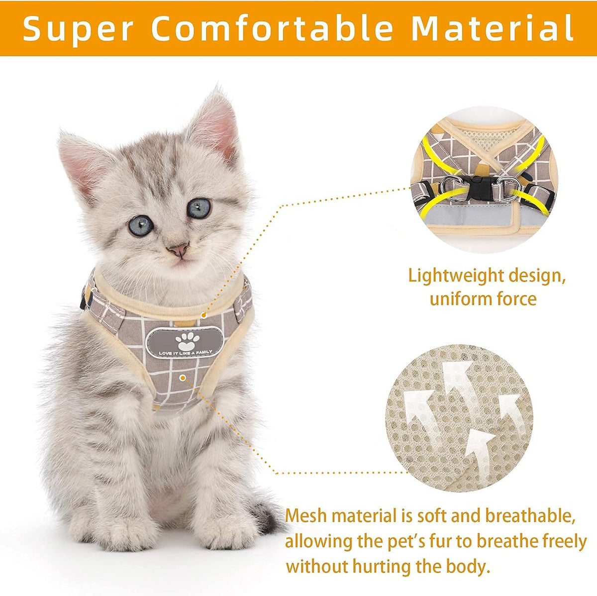 Cat Harness and Leash Set, Escape Proof Harness Khaki-Pattern XS