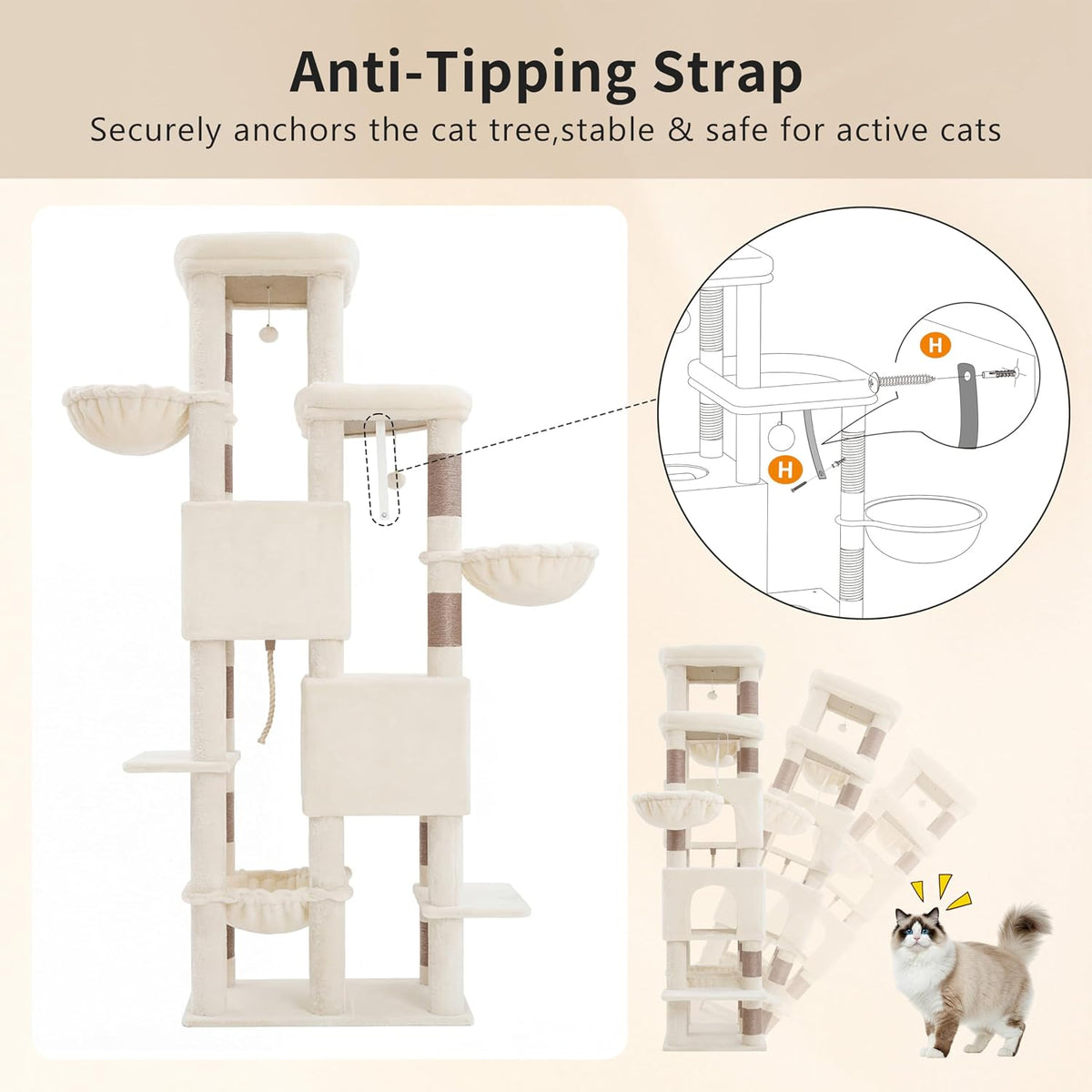 Heybly Cat Tree, 74.8'' Spacious & Tall Cat Tower for Large Cats HCT062MJ-1