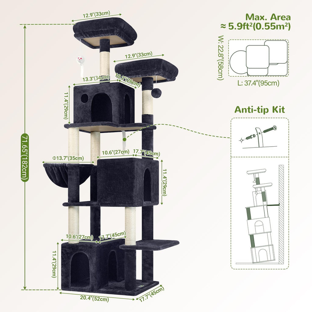 Globlazer F71 Cat Tree Tall, 71in Cat Tower for Indoor Cats, Dark Gray
