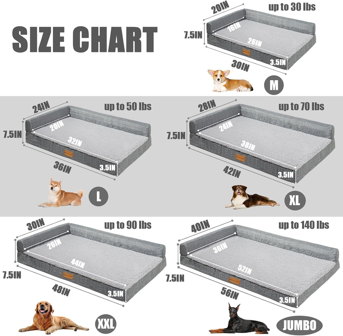 Patas Lague Orthopedic Large Dog Bed Washable Pet Sofa Bed 42''X28''Grey