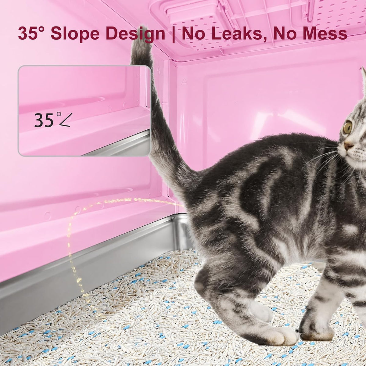 Marchul Enclosed Stainless Steel Cat Litter Box with Lid & Drawer Design for Indoor All Lifestyles Cats, Metal Covered Cat Litter Box, Baffles for Anti-Leakag, with Litter Scoop & Litter Mat（Pink）