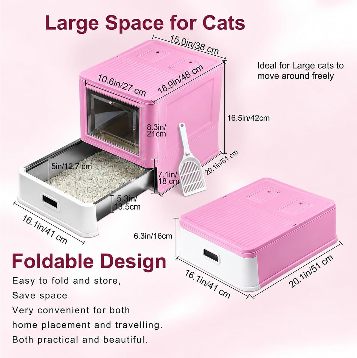 Marchul Enclosed Stainless Steel Cat Litter Box with Lid & Drawer Design for Indoor All Lifestyles Cats, Metal Covered Cat Litter Box, Baffles for Anti-Leakag, with Litter Scoop & Litter Mat（Pink）
