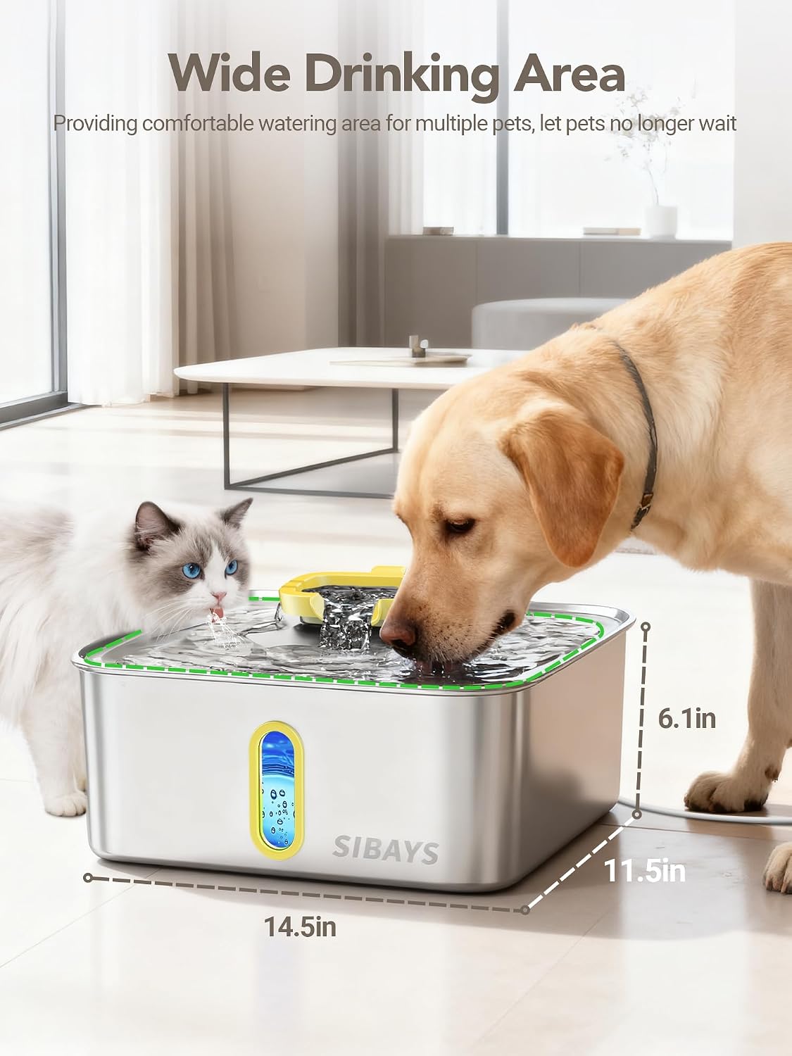 SIBAYS 4Gal/15L Stainless Steel Large Dog Water Fountain, Ultra Quiet Automatic Pet Water Fountain, Dog Water Bowl Dispenser with Water Level Window and LED Light, Easy to Clean(FS78, Silver-Yellow)