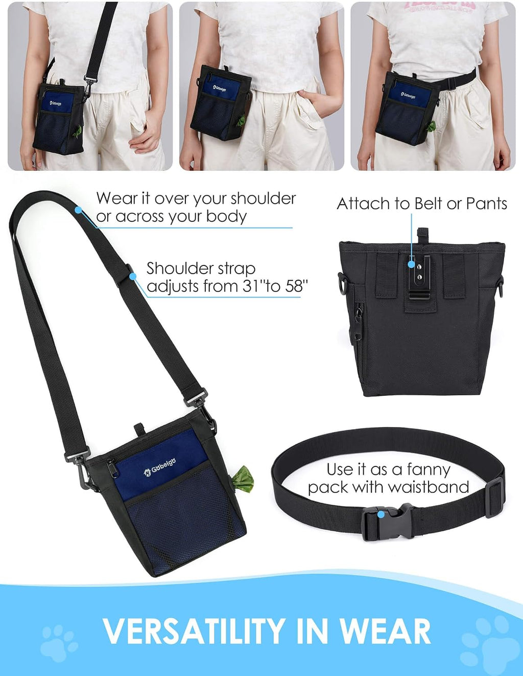 Gobeigo 4 Cup Dog Treat Pouch with Silicone Insert Bag& Clicker(Navy Blue)
