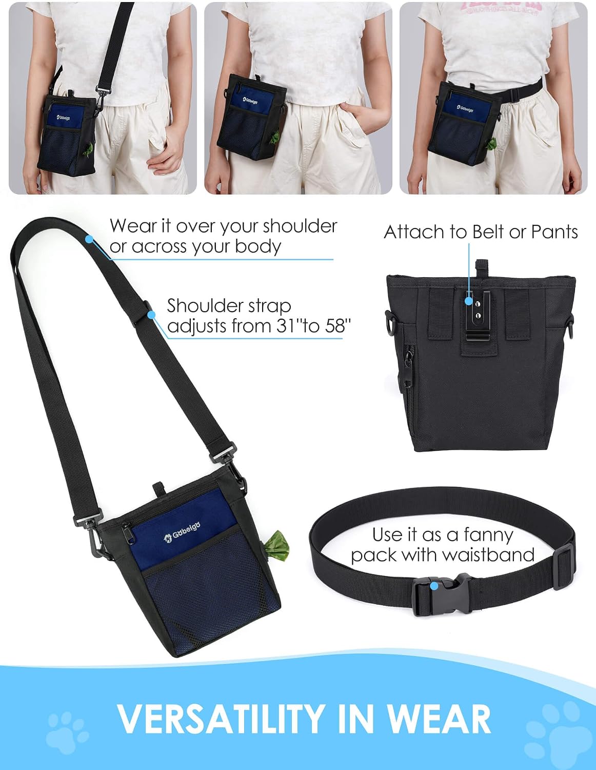 Gobeigo 4 Cup Dog Treat Pouch with Silicone Insert Bag& Clicker(Navy Blue)