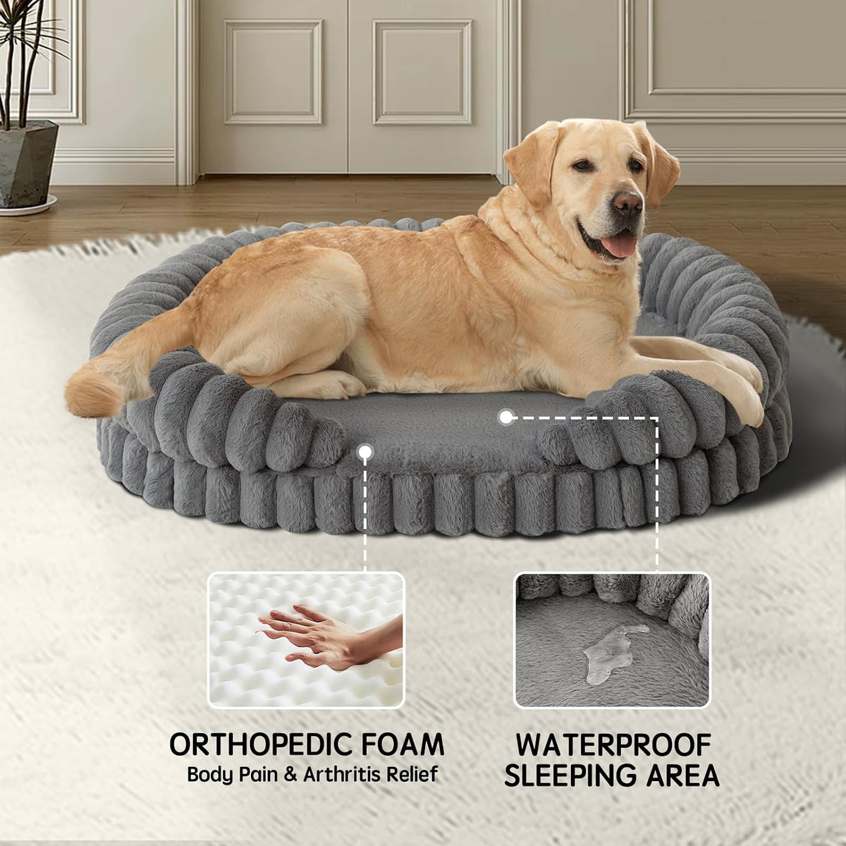 BALANCE Calming Dog Bed for Extra Large Dogs, 42 Inches Oval Washable XL Pet Bed with Sides, Orthopedic Pet Couch Sofa with Non-Slip Bottom, Gray