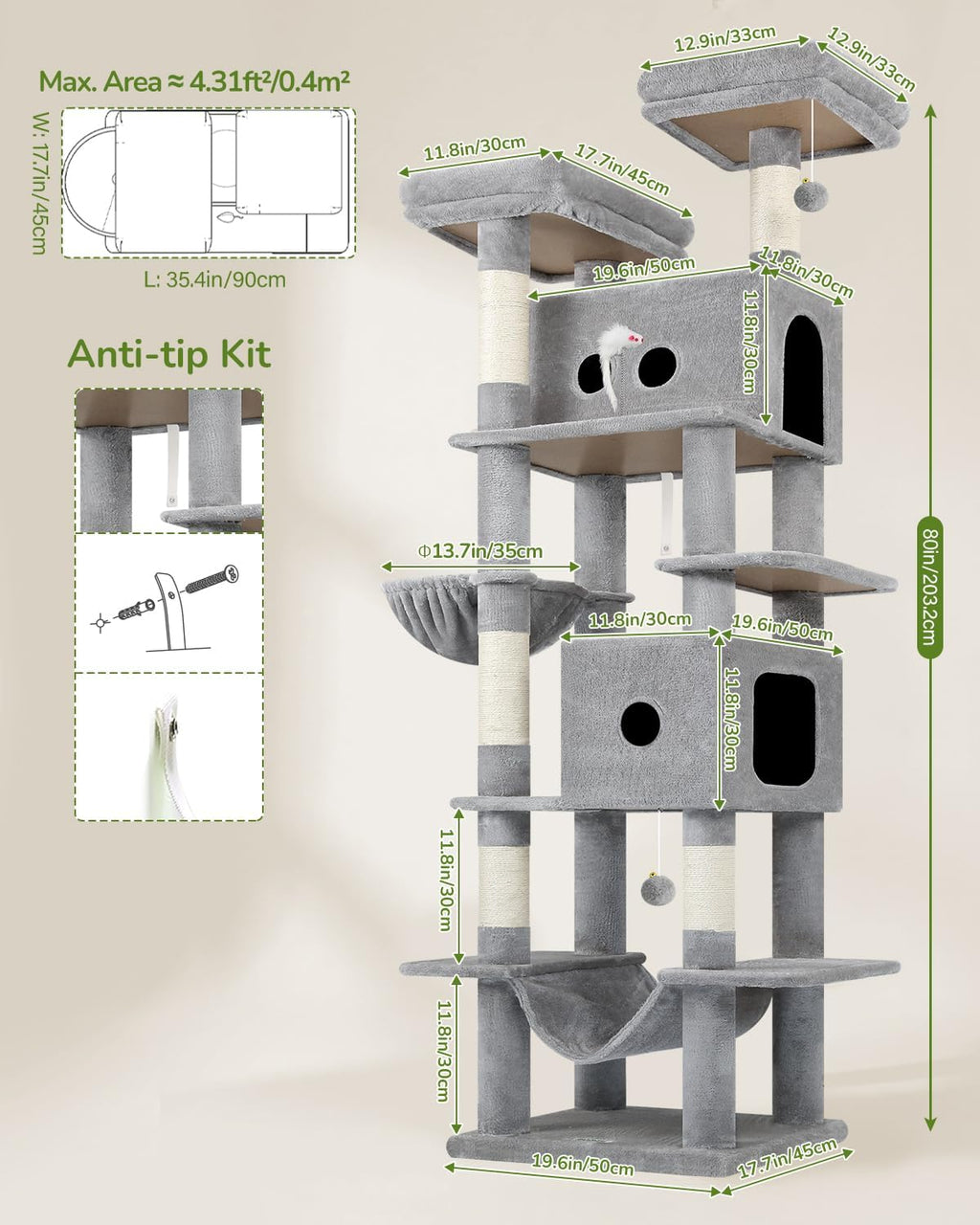 Globlazer 80in Cat Tree Tower for Indoor Cat Large Adult, S80B, Light Grey