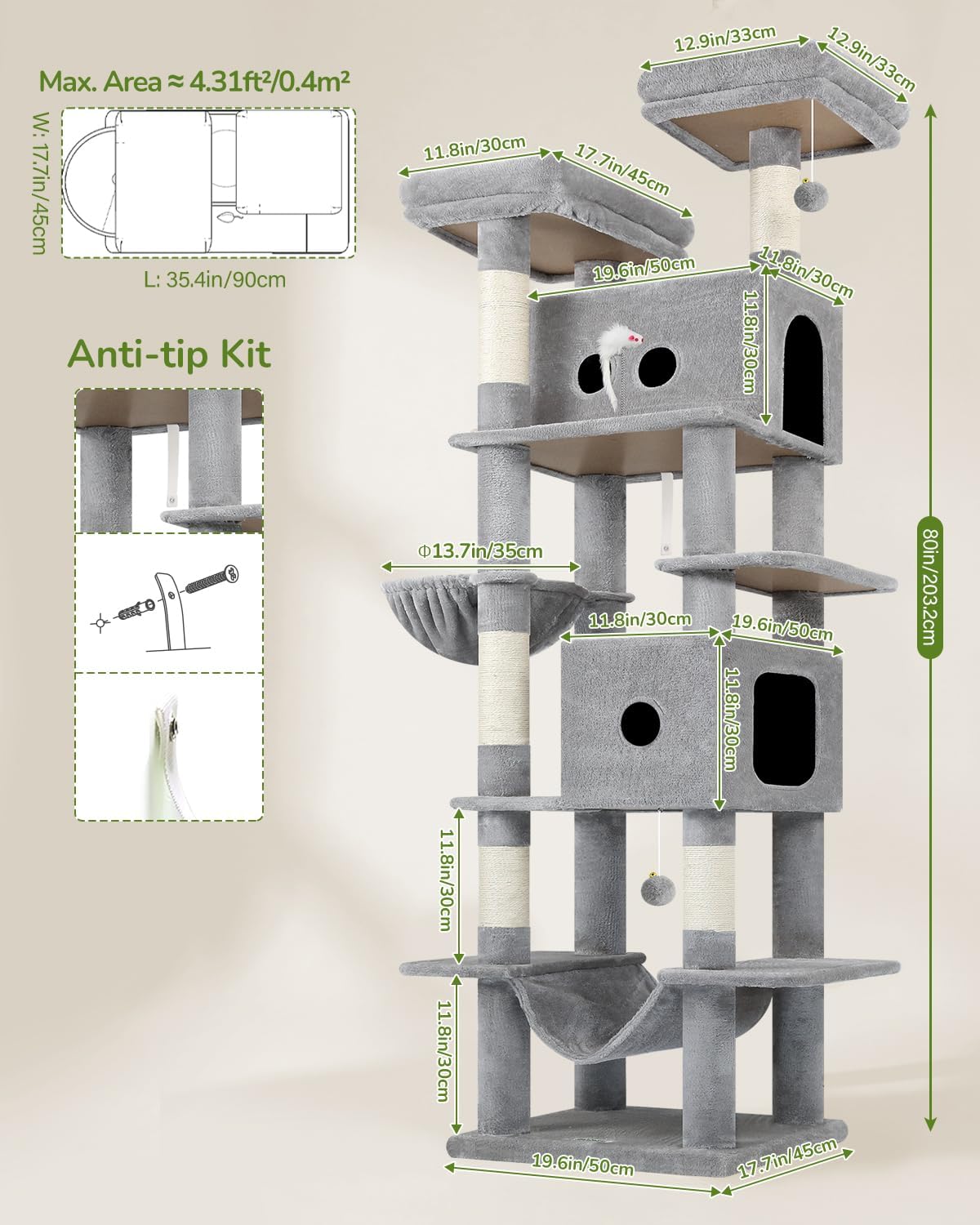 Globlazer 80in Cat Tree Tower for Indoor Cat Large Adult, S80B, Light Grey