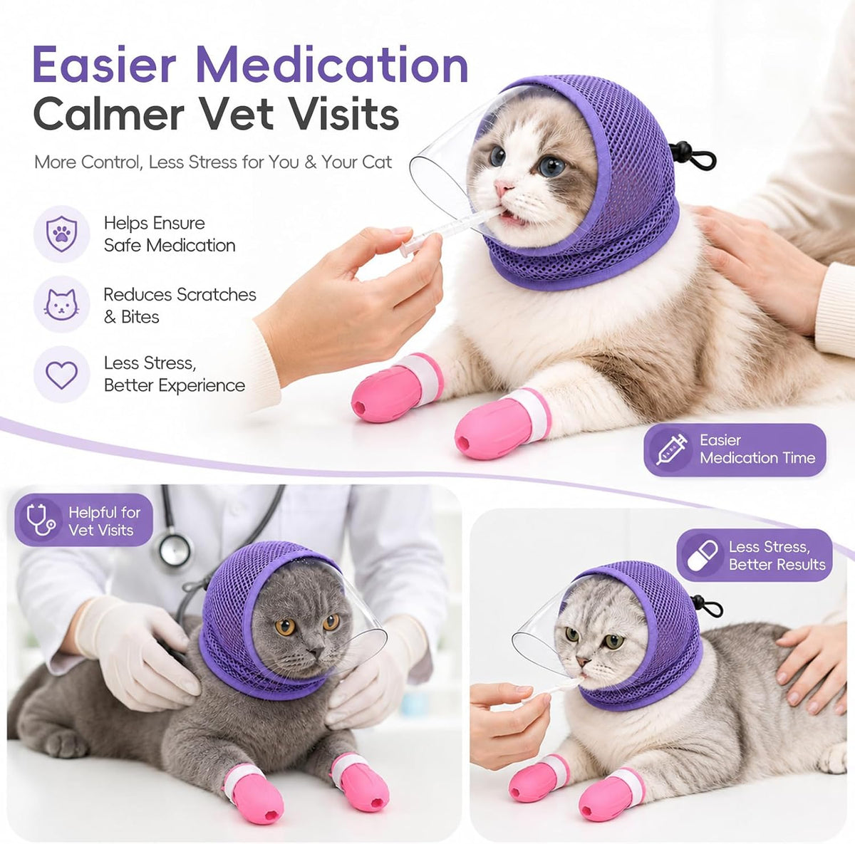 Cat Muzzle for Grooming with 4 Claw Cover, Breathable Cat Helmet for Biting