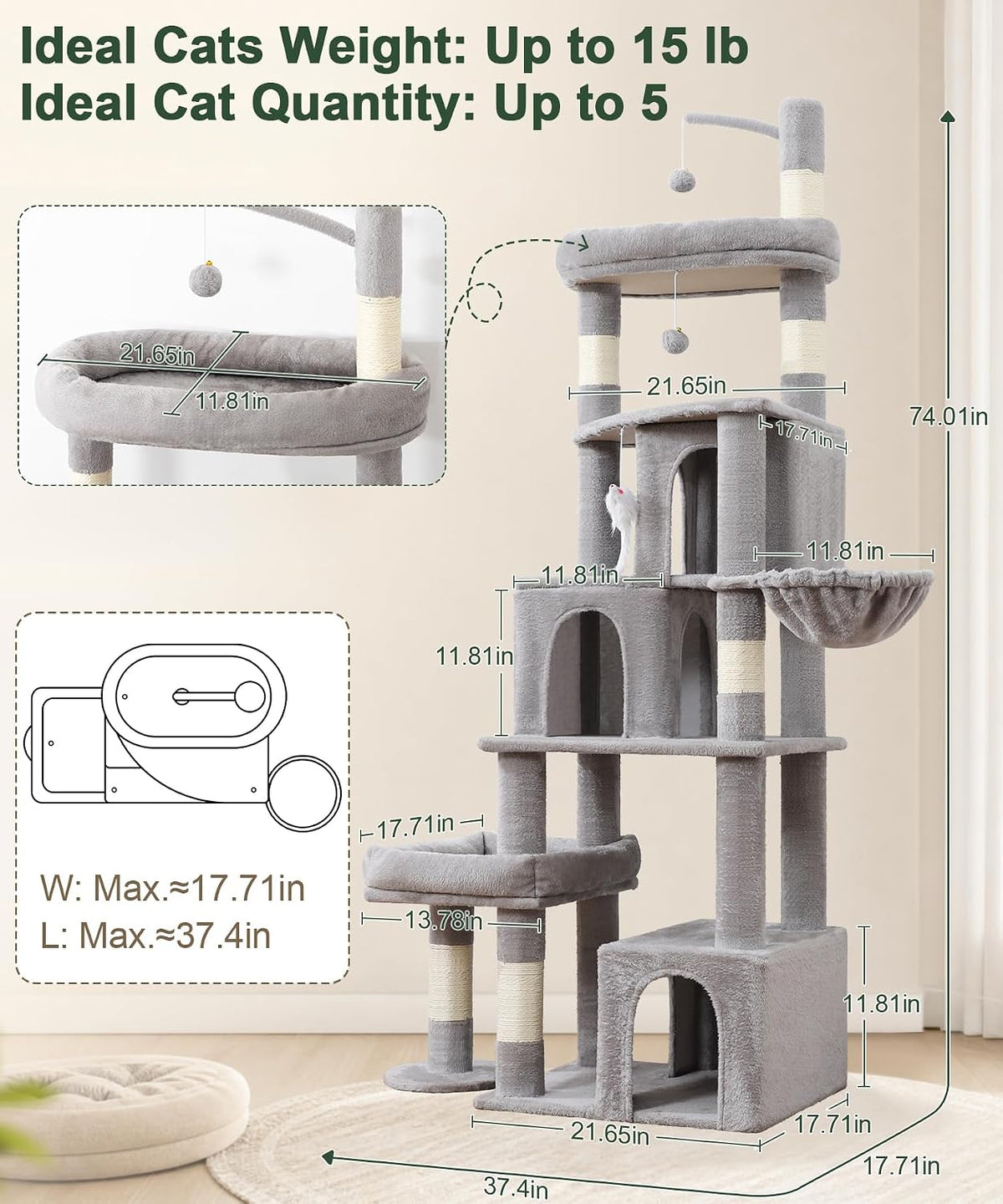 Heavy Duty Cat Tree Tower, 74 Inch Cat Trees for Large Cats
