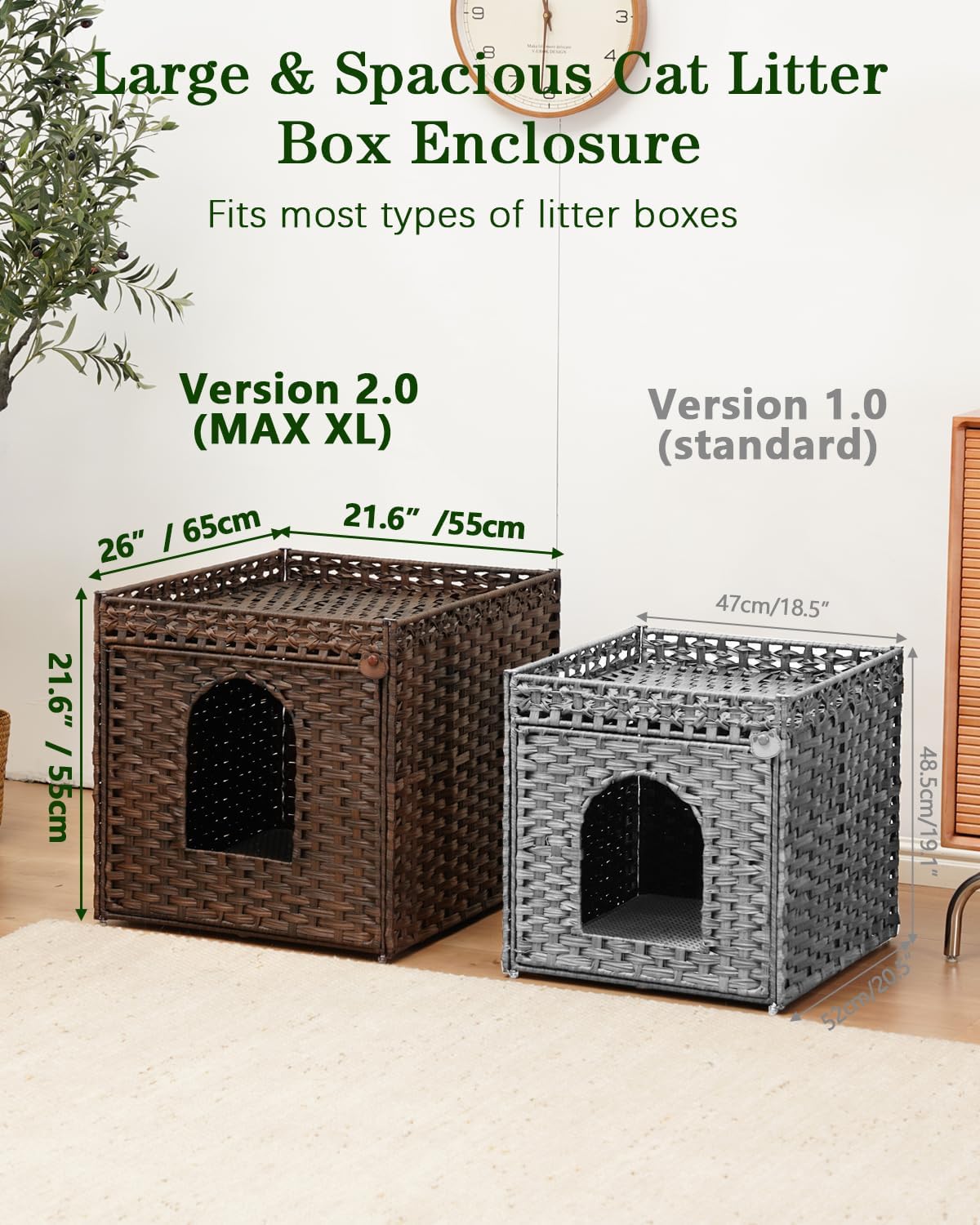 SETVSON Cat Litter Box Enclosure, Large PE Rattan Side Table, Brown