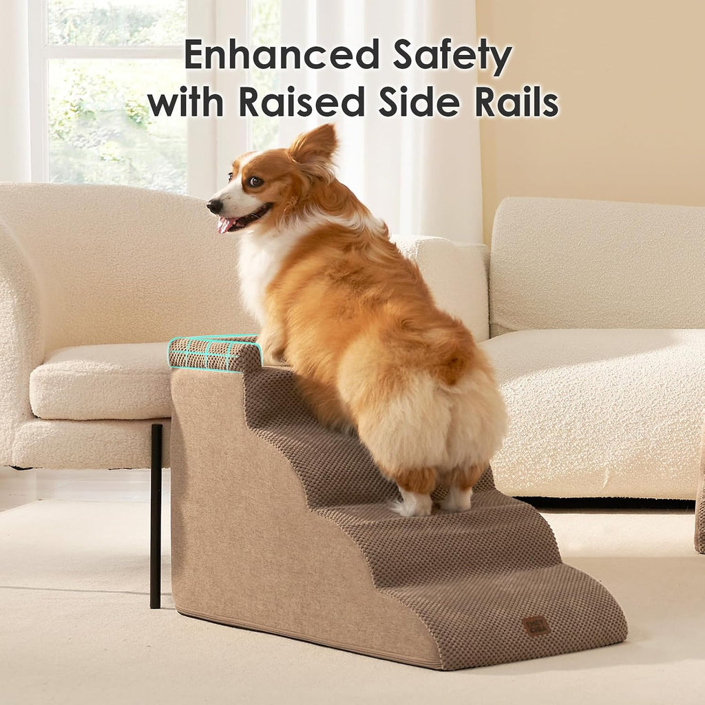 EHEYCIGA 5-Step Curved Dog Stairs for High Beds 20.7" H, Camel