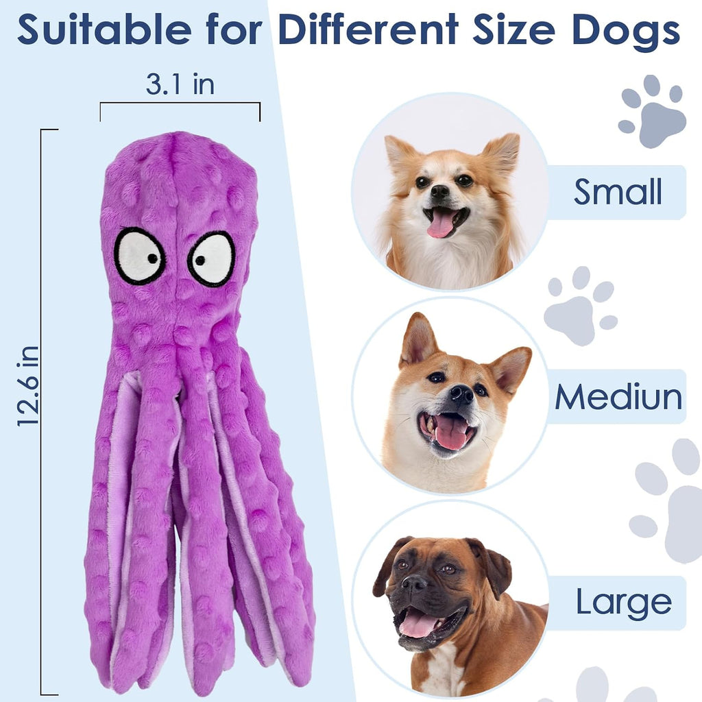 4 Pack Squeaky Dog Toys - Octopus Plush Dog Toys for Aggressive Chewers, No Stuffing, Crinkle, Durable Interactive, 4 Colors