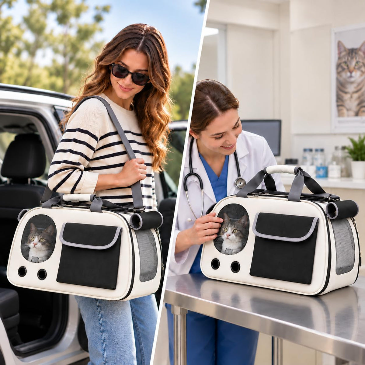 Soft-Sided Cat Carrier, 17.7“×10.2”×11“ Foldable Portable Pet Travel Bag, Cream & Black