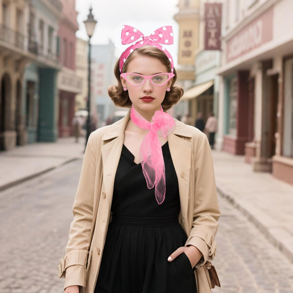 50s Set 50's Costume Accessories Chiffon Scarf Cat Eye Glasses Bandana Tie Headband Earrings for Cosplay Party