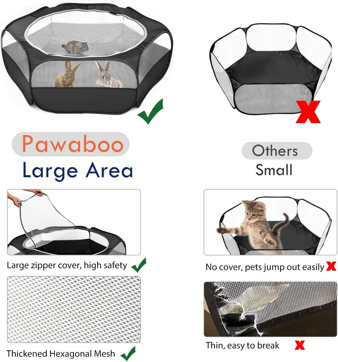 Pawaboo Small Animal Playpen, Waterproof Portable Pet Cage Tent, Black