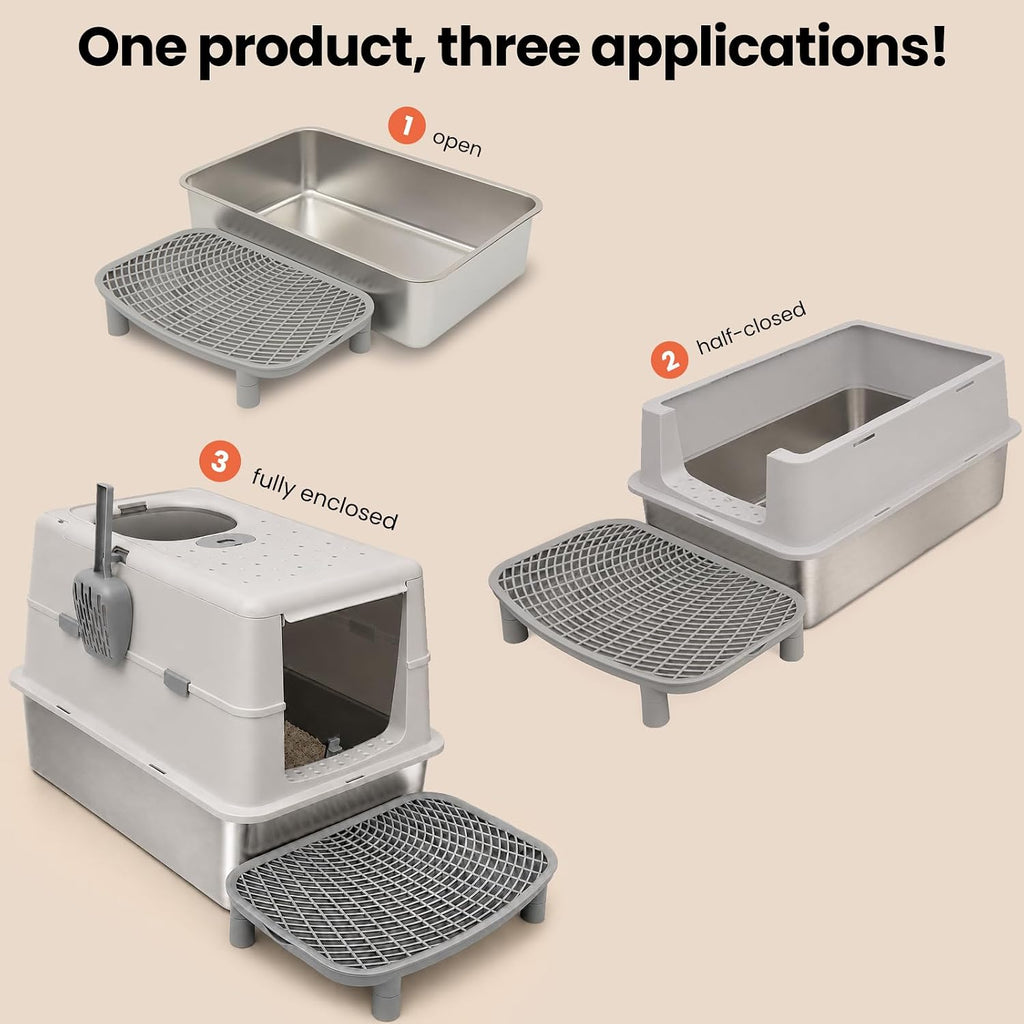 Stainless Steel XXL Cat Litter Box with 120° Lid, Enclosed Top Entry High-Sided Anti-Leak Cat Box, Dog Proof Litter Box for Multiple Cats, Includes Litter Step & Scoop