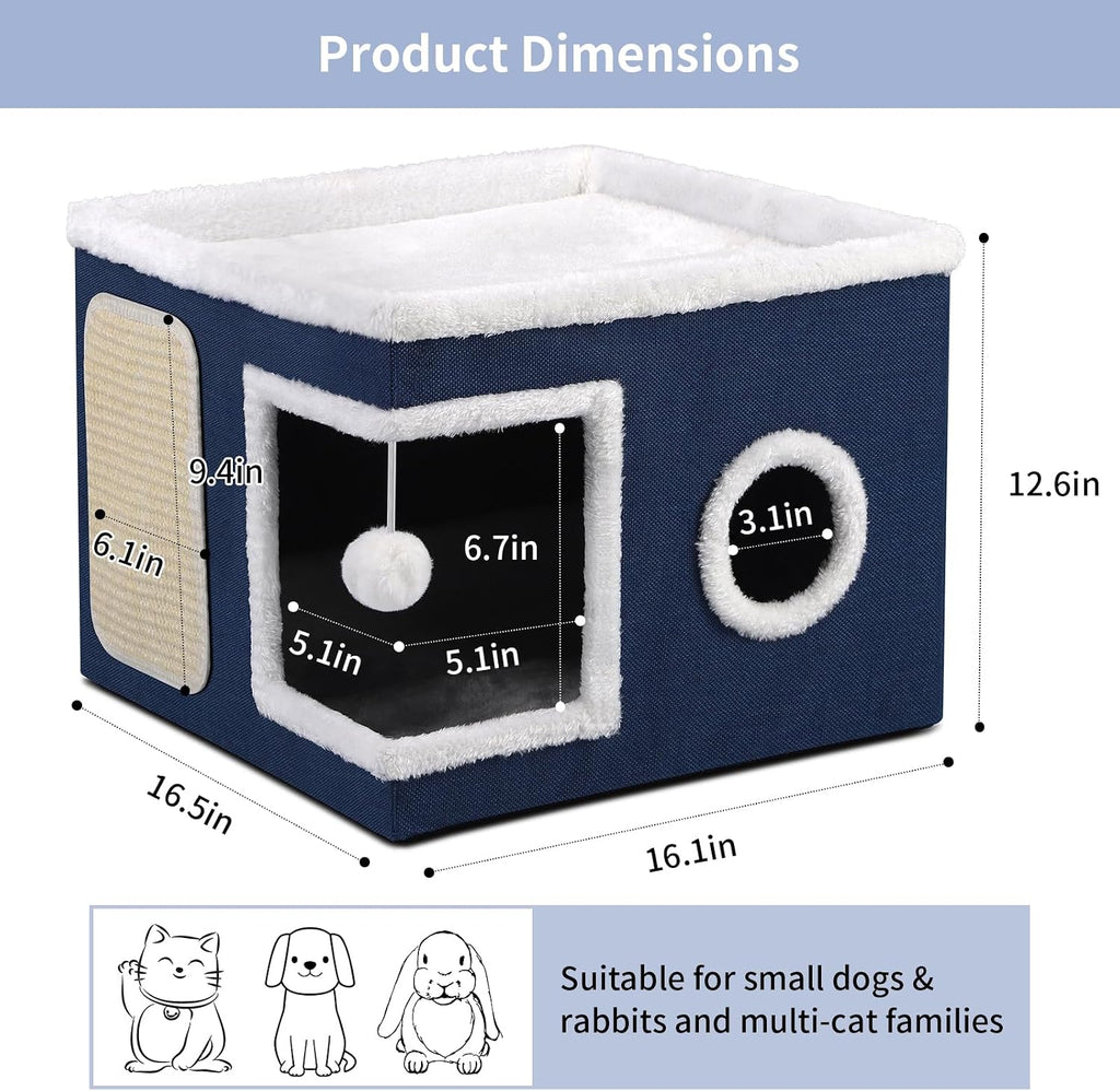 Shikha Cat House Bed for Indoor Cats with Fluffy Ball and Scratch Pad Blue