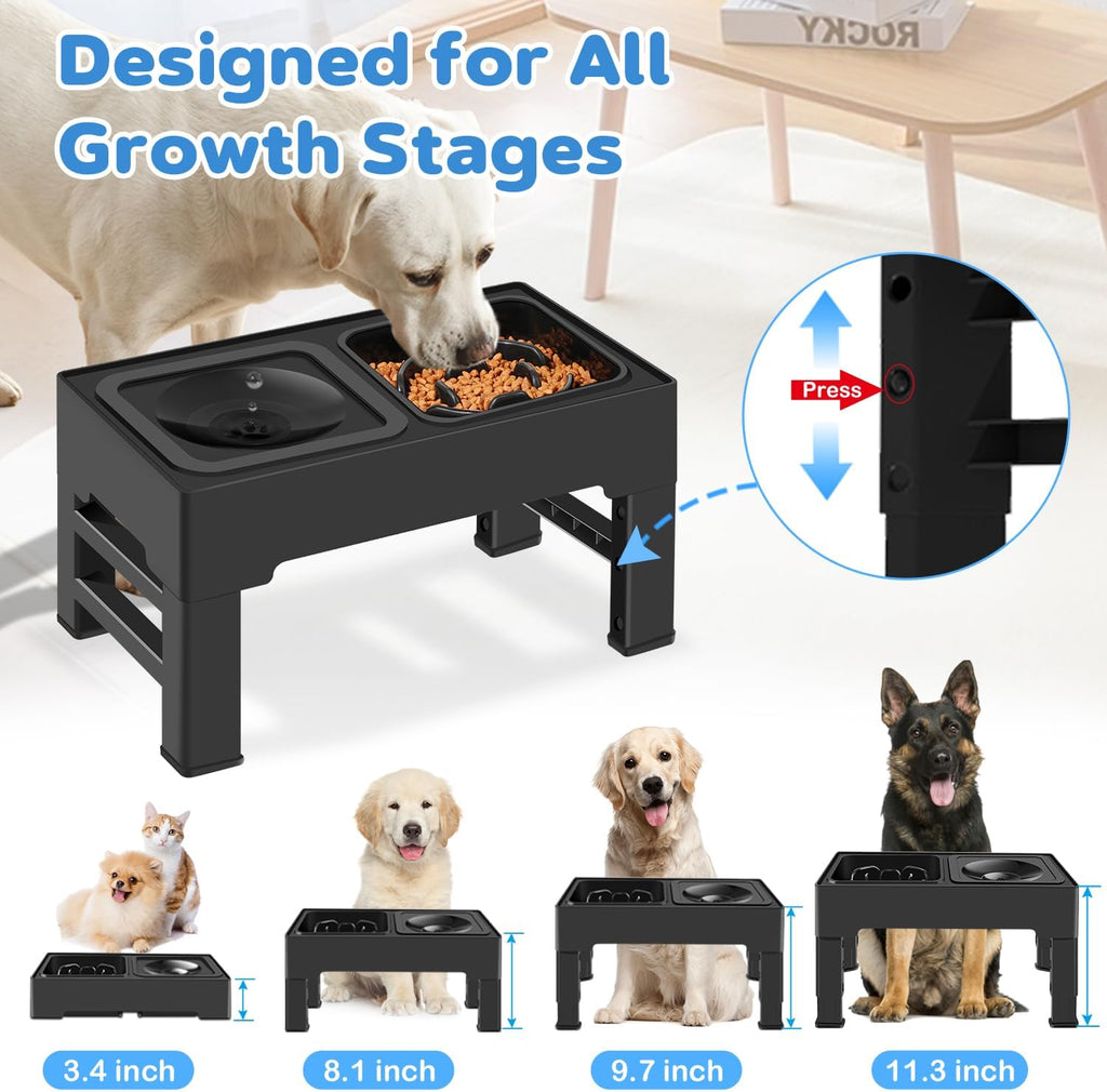 2-in-1 Elevated Dog Bowls, No Spill Water Bowl, Slow Feeder Food Bowl