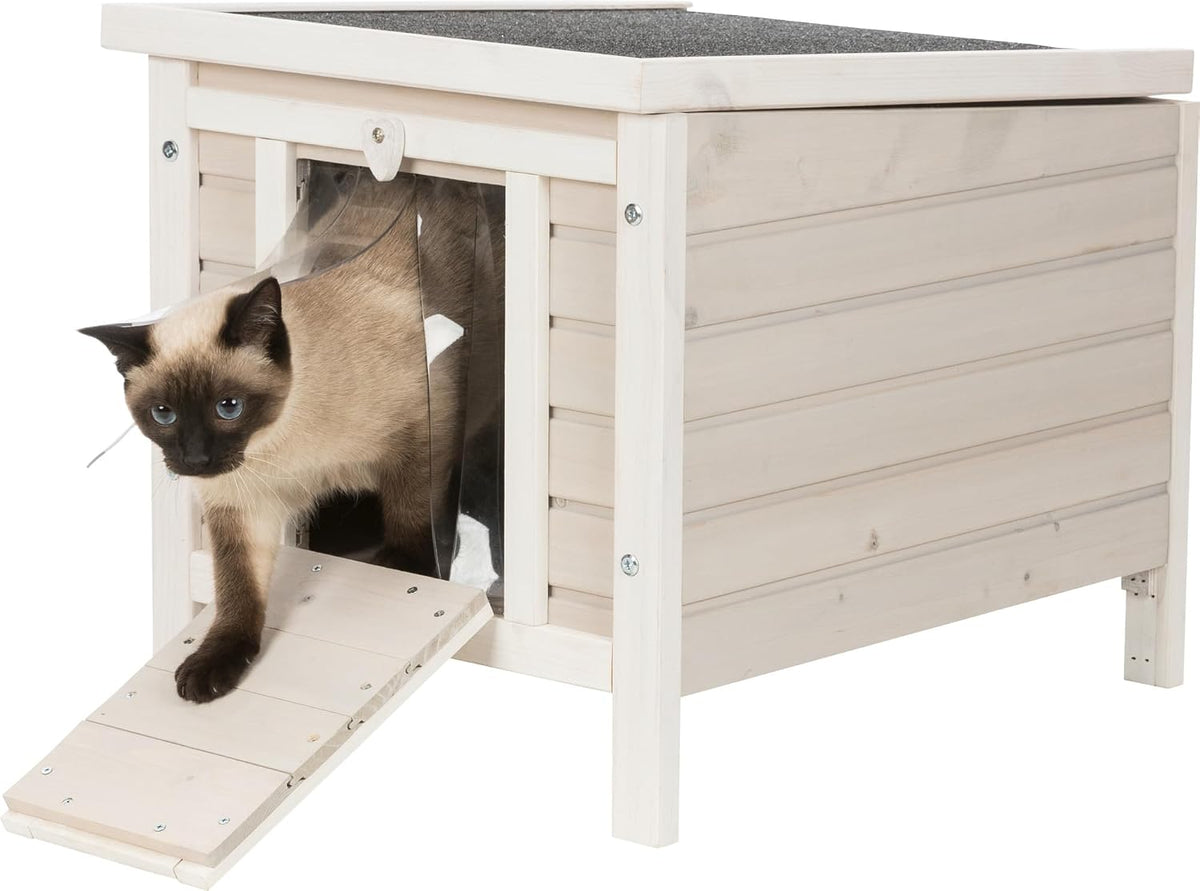 Trixie Outdoor Cat House, Weatherproof Cat Home with Raised Floor, Hinged Asphalt Roof & Covered Opening, Small Outdoor Shelter for Cats and Small Animals, Gray Fir Wood