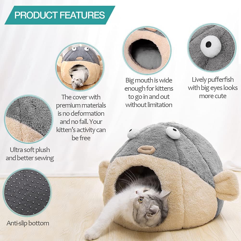Cat Beds for Indoor Cats-Cat Bed Cave,Cute Lively Pufferfish shape,Grey M