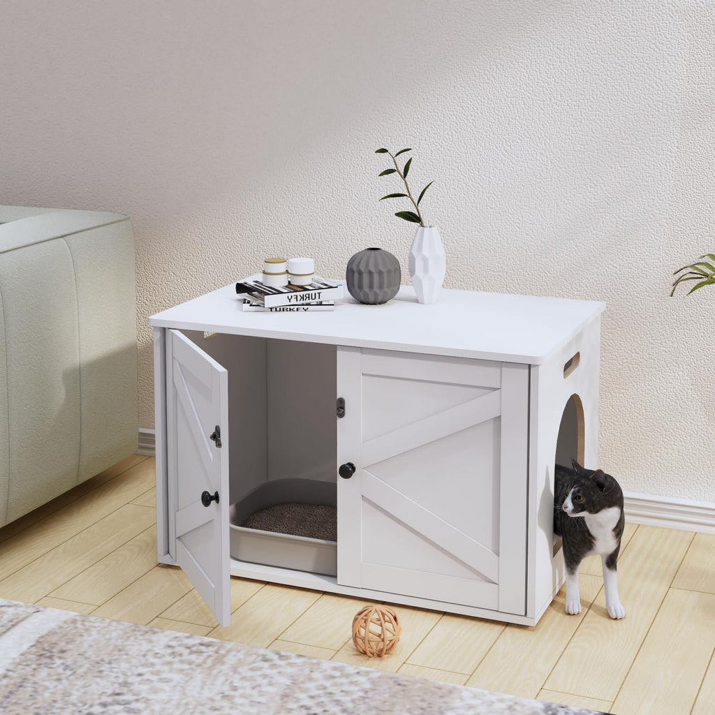 Timberer Cat Litter Box Enclosure, Hidden Litter Box Furniture with Divider | Wooden Cat Washroom Furniture, Indoor Cat House, Dog-Proof, Fits Most of Litter Box, White