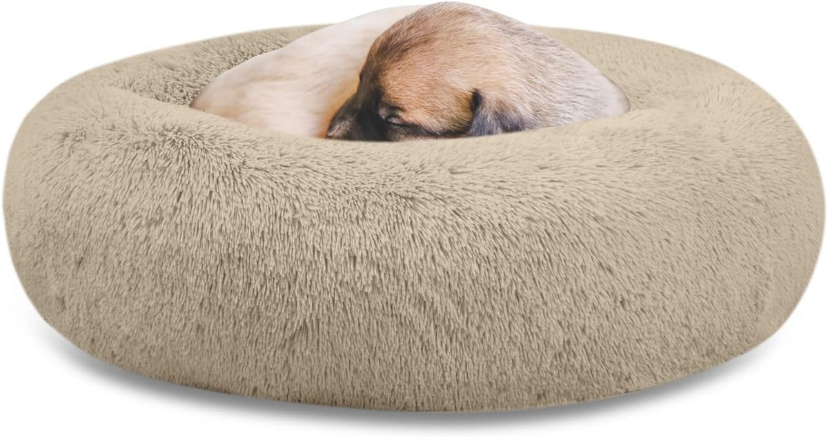 SAVFOX 20 inches Calming Donut Dog Bed - 3X Durable Plush Faux Fur, Machine Washable & Non-Slip, Fits up to 15 lbs, Beige