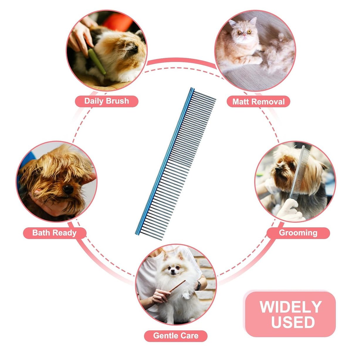 Dog Cat Comb, Pet Combs Stainless Steel Teeth with Rounded Ends for Knots Mats Loose Hair Removal, 7.5IN (Blue Plated, 3 Pack), Grooming Tool Intended for Long Curly Hair Pet