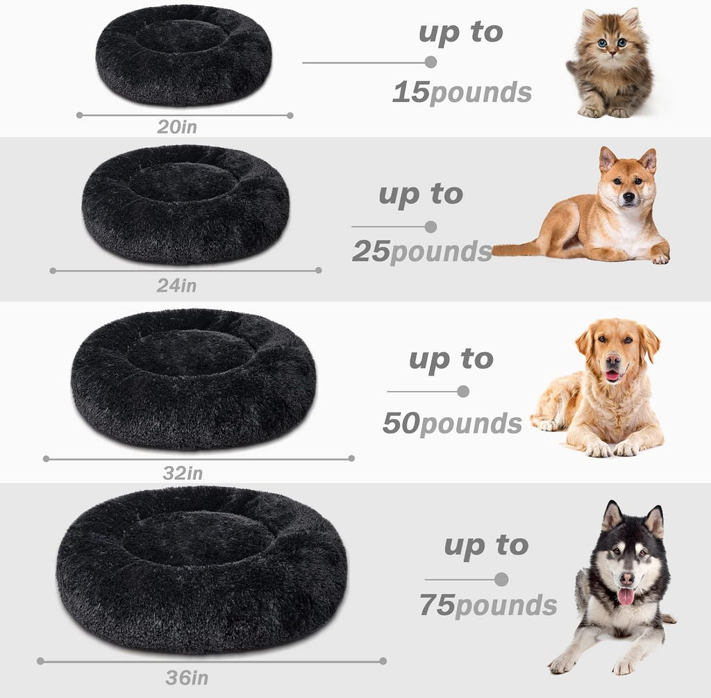 Patas Lague Calming Dog Bed for Medium Dogs, Fluffy Soft Cozy Cat Bed, Faux Fur Anti-Anxiety Plush Washable Pet Donut Cuddler for All Seasons 24IN, Black