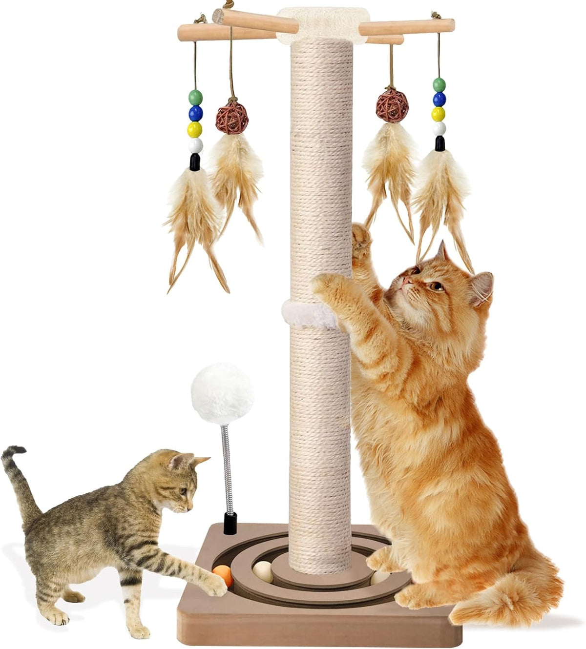 Tall Cat Scratching Post, 33 Inch Sisal Scratcher with Toys for Large Cats