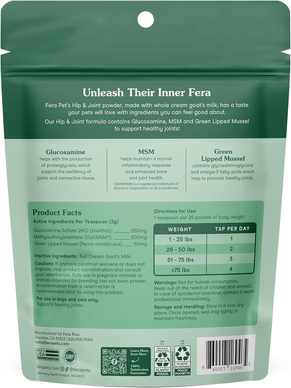 Fera Pets Cat & Dog Joint Supplement - Goat Milk Powder Topper, 60 TSP