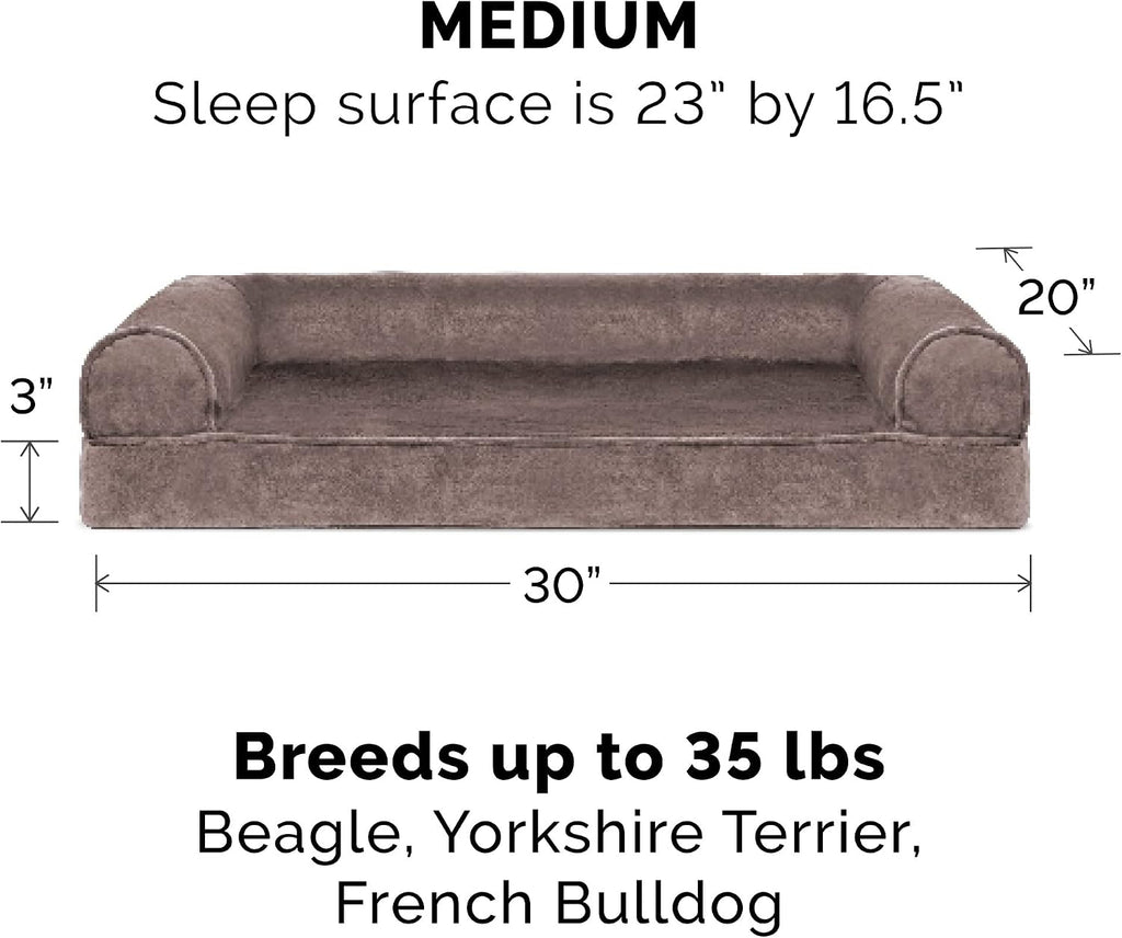 Furhaven Cooling Gel Dog Bed for Medium/Small Dogs w/ Removable Bolsters & Washable Cover, For Dogs Up to 35 lbs - Faux Fur & Velvet Sofa - Driftwood Brown, Medium