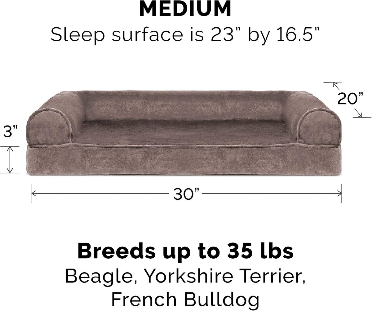 Furhaven Cooling Gel Dog Bed for Medium/Small Dogs w/ Removable Bolsters & Washable Cover, For Dogs Up to 35 lbs - Faux Fur & Velvet Sofa - Driftwood Brown, Medium