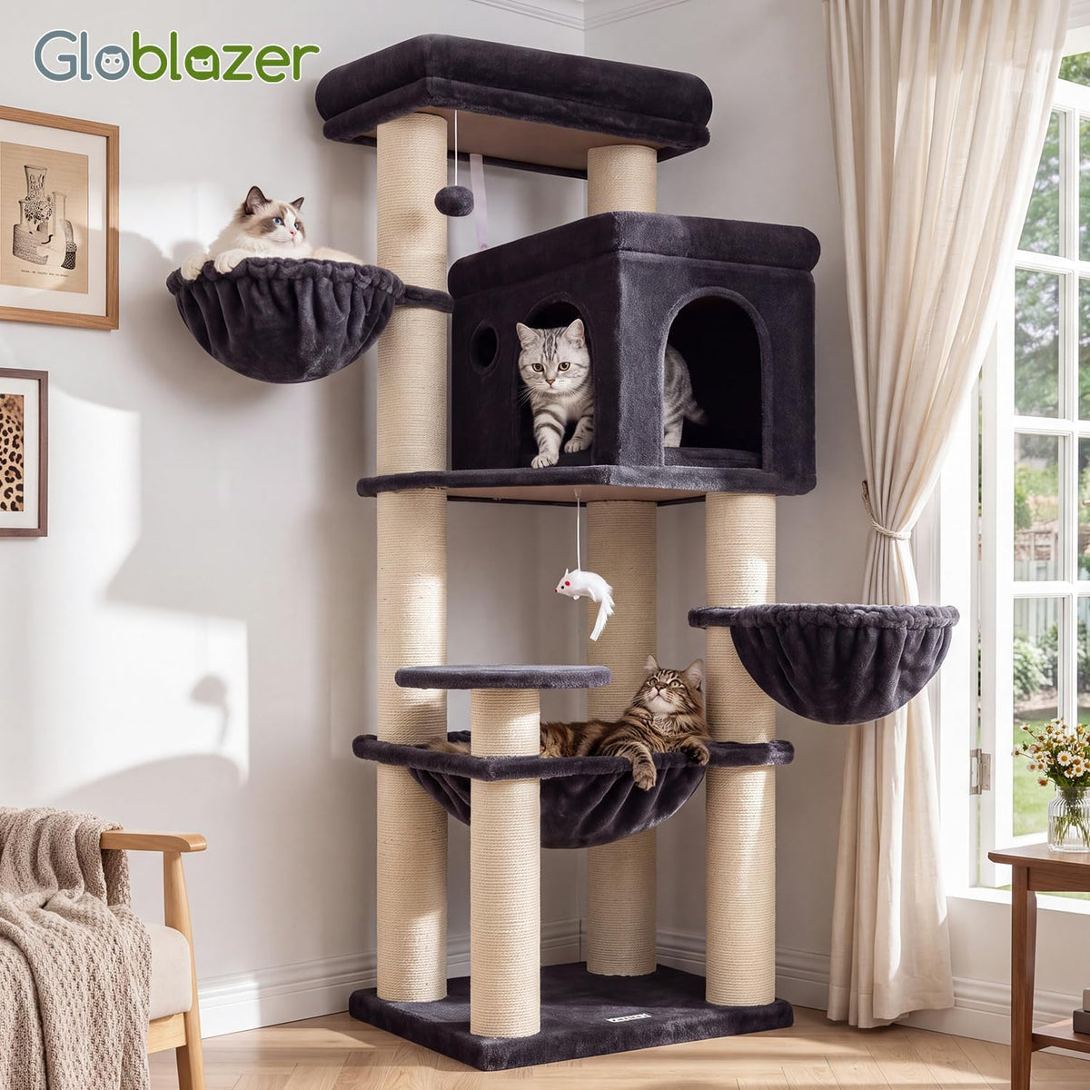 Globlazer Cat Tree Tower with 12 Extra-Thick Full-Sisal Scratching Posts