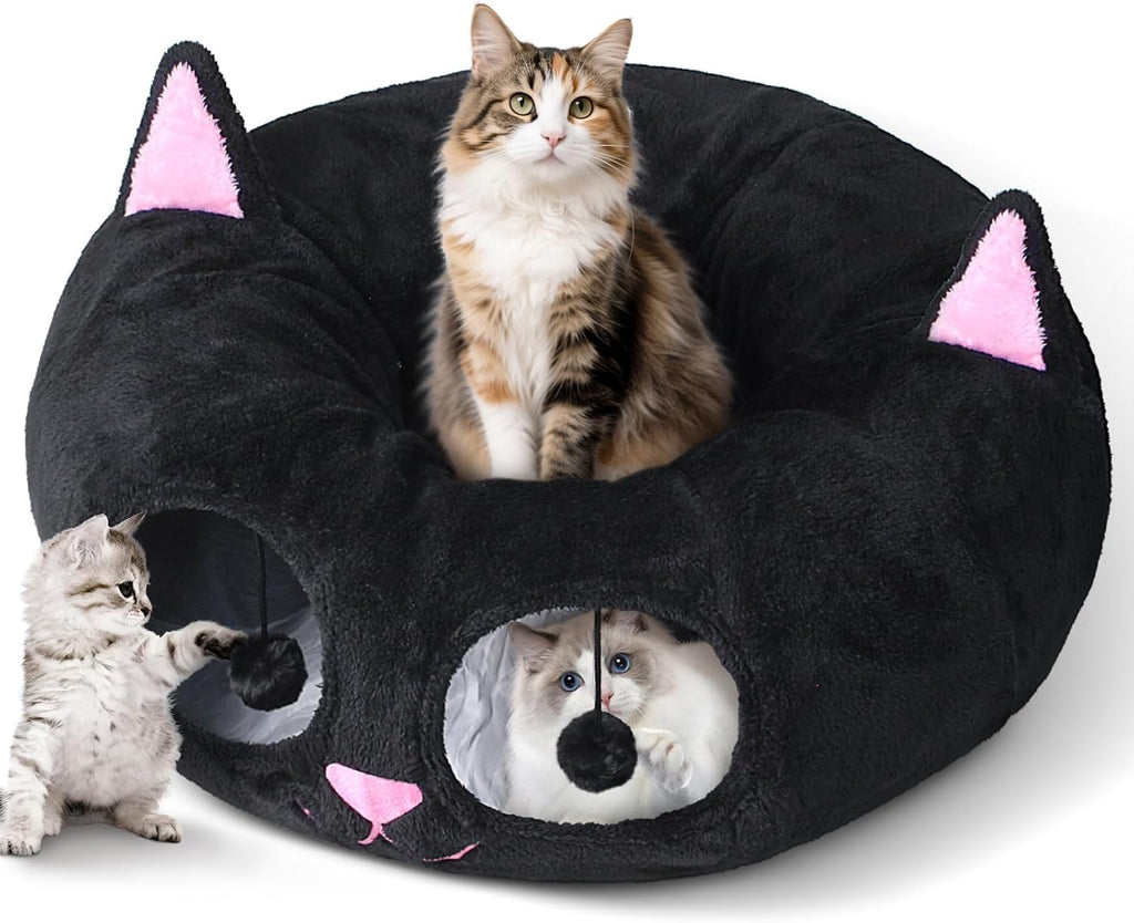Baseola Fuzzy Cat Tunnel Bed for Indoor Cats, 2-in-1 Interactive Cat Toys