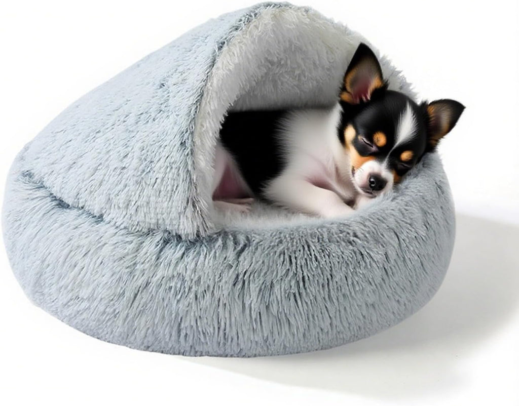 YUDANSI Calming Small Dog Bed & Indoor Cat Bed - Plush Fluffy Hooded Cave Nest, Anti-Slip Self-Warming, Washable Built-in No-Collapsing Support (Grey-65cm/26in)