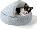 YUDANSI Calming Small Dog Bed & Indoor Cat Bed - Plush Fluffy Hooded Cave Nest, Anti-Slip Self-Warming, Washable Built-in No-Collapsing Support (Grey-65cm/26in)