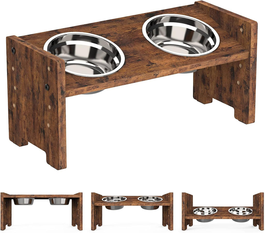 Elevated Dog Bowls, Raised Bowl Stand Adjustable Small, Rustic Brown | Particle Board Raised Feeder with 2 Stainless Steel Bowls, Adjustable Height for Small Puppies and Cats