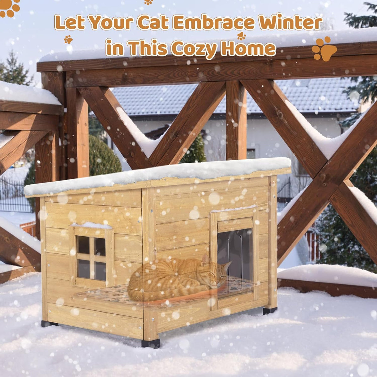 Agitree Outdoor Wooden Pet House, Weatherproof Winter Shelter for рuррy and Small Cats, Elevated Design with Window (Yellow, 22.56 * 17.71 * 16.73Inches)