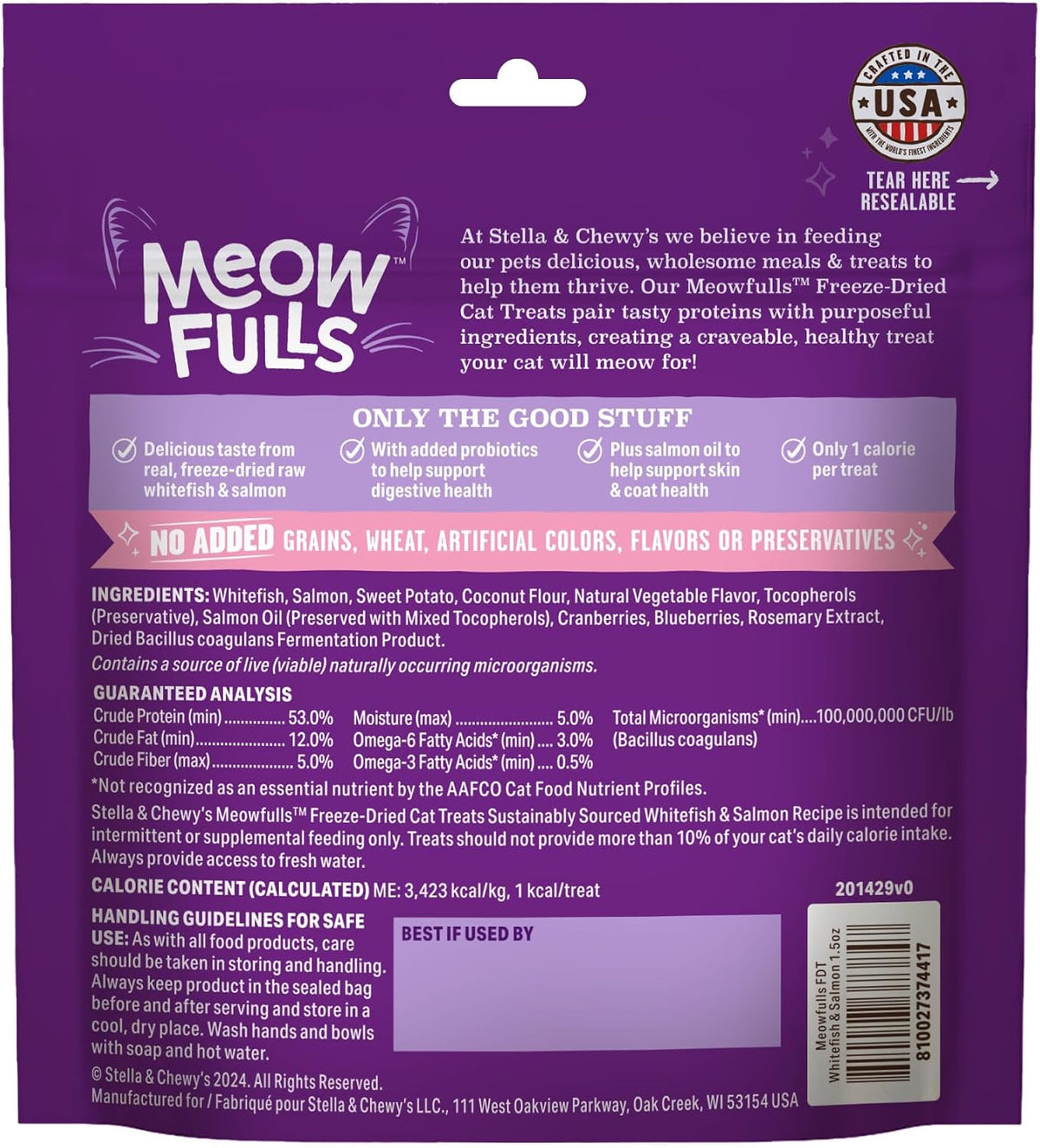 Stella & Chewy's Meowfulls Freeze Dried Cat Treats - Whitefish & Salmon Recipe - Raw Protein with Probiotics & Salmon Oil - 1 Calorie Per Treat - 1.5 oz