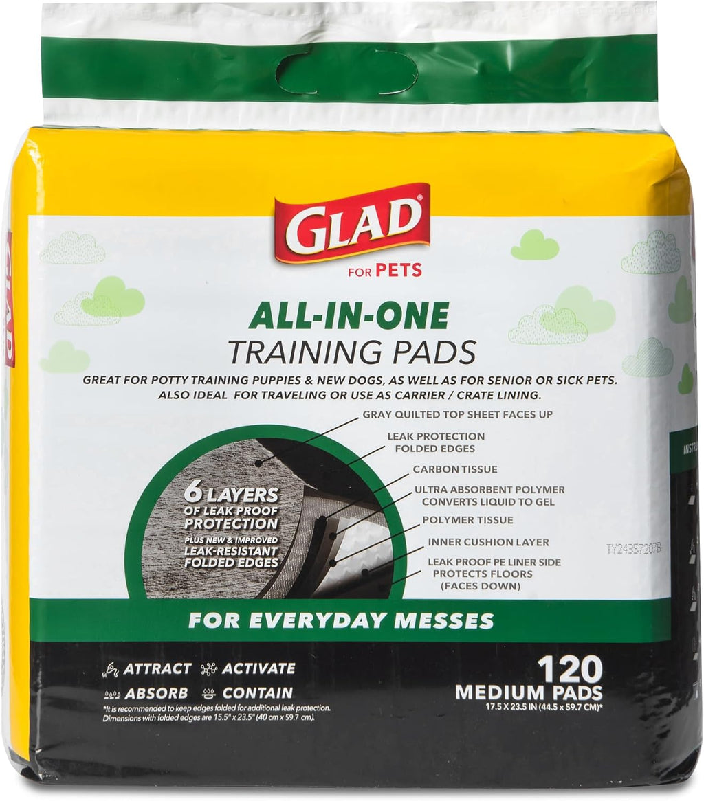 Glad for Pets Black Charcoal Puppy Pads, 17.5 x 23.5 Inch, 120 Count, 2-Pk | Super-absorbent core, disposable design, 17.5x23.5 in, potty crate and indoor training