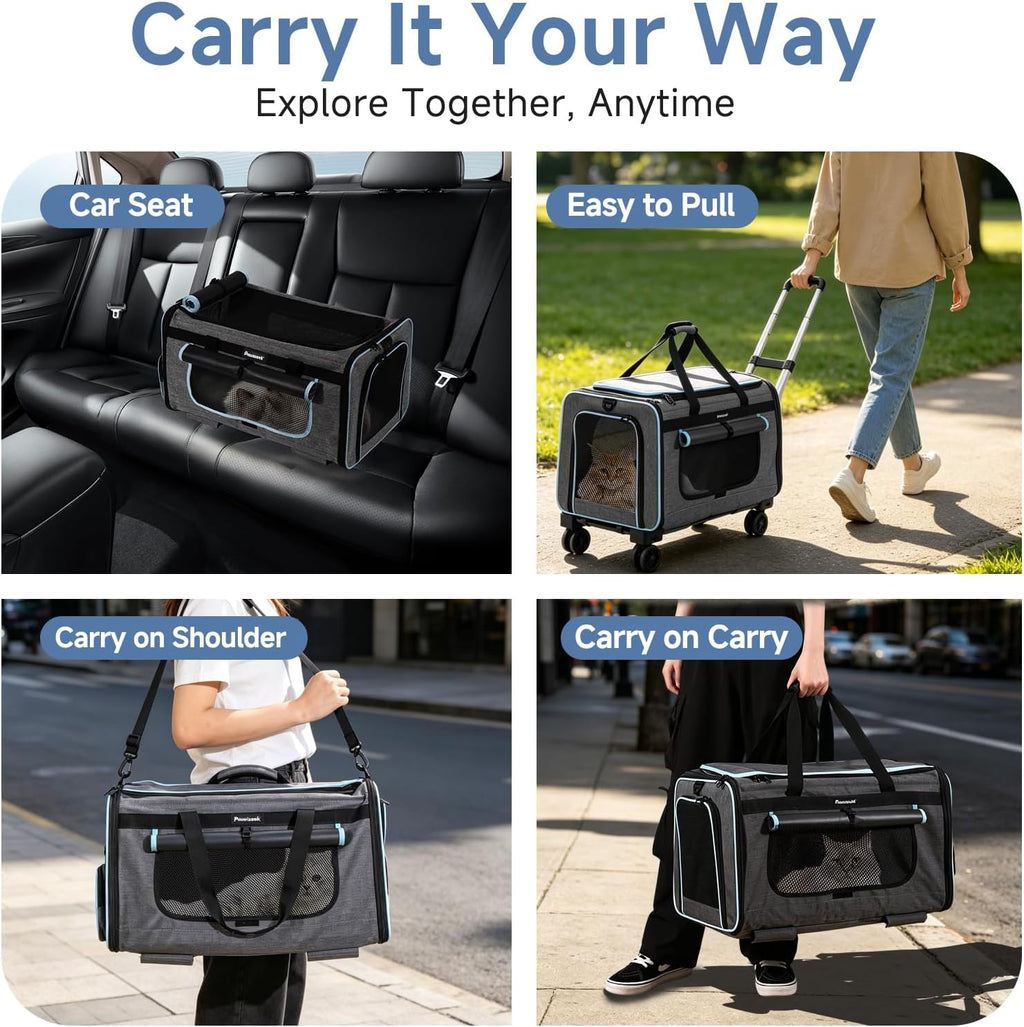 Large Pet Carrier with Wheels, Foldable Rolling Cat Carrier with Telescopic Handle, 4-Sided Mesh, Collapsible Rolling Travel Carrier for Dogs & Cats for Visits, Camping(Not for Airline)