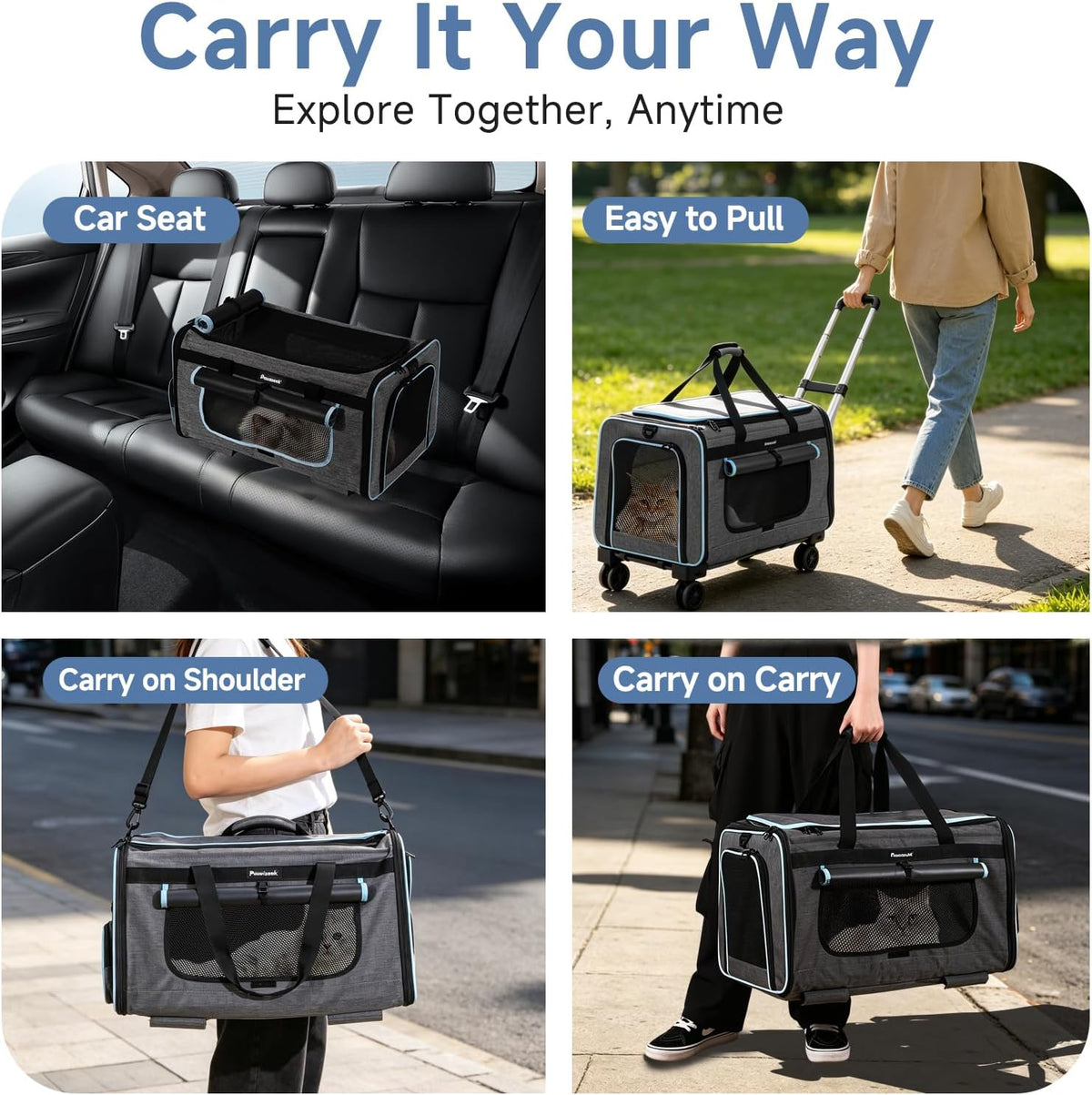 Large Pet Carrier with Wheels, Foldable Rolling Cat Carrier with Telescopic Handle, 4-Sided Mesh, Collapsible Rolling Travel Carrier for Dogs & Cats for Visits, Camping(Not for Airline)