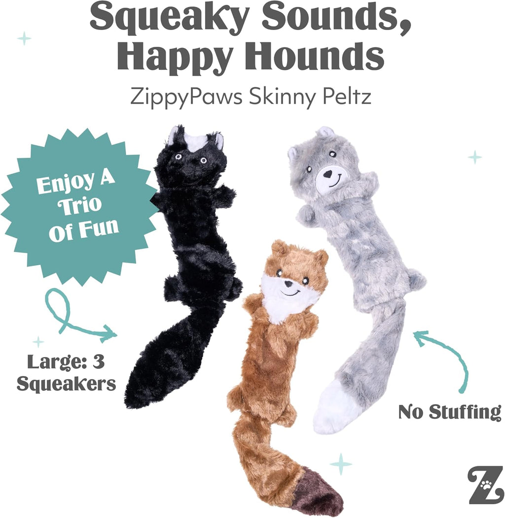 ZippyPaws Skinny Peltz No Stuffing Dog Toy Pack to Keep Them Busy - 18" | For Medium and Large Dogs, Squeaky Pet Toys, Unstuffed Chew Toys, Soft Plush Variety Pack, Weasel, Skunk, and Wolf