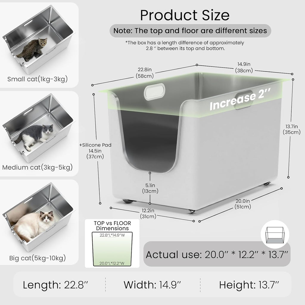 Stainless Steel Litter Box 13.7" High-Side for Big & Multi-Cats Home，White