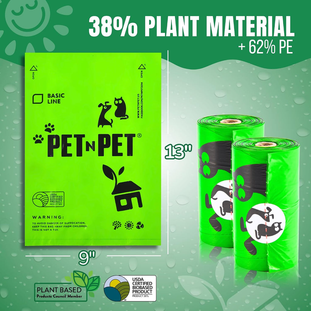 Pet N Pet Dog Poop Bags Rolls, 540 Count, Plant Based, Unscented, Green | 41%, 59% PE, Extra Thick, 9 x 13, Waste, Supplies, Leak-Proof, Tear-Resistant, Easy-Tear Design, Durable, dog waste bags