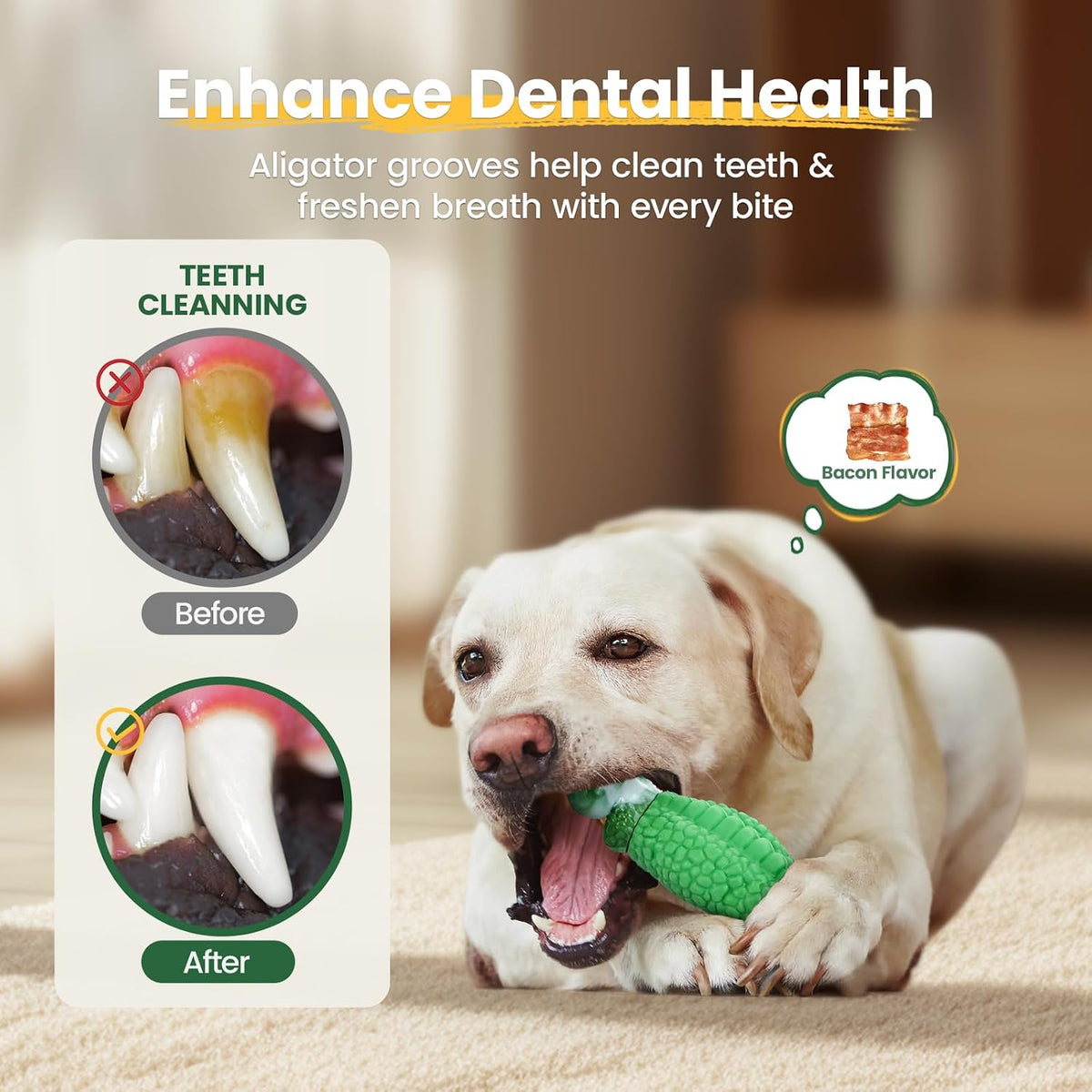 HGB Dog Toys for Aggressive Chewers, Tough Squeaky Indestructible Chew Toy | Alligator Dog Toy for Medium & Large Dogs, Hard Nylon & Natural Rubber, Teeth Cleaning, Bacon Flavor, Keeps Dogs Busy