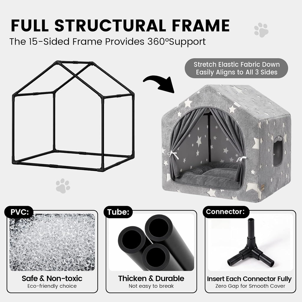 Indoor Dog House with Frame,Glow Dog Tent Bed with Cover Cave,Grey Large
